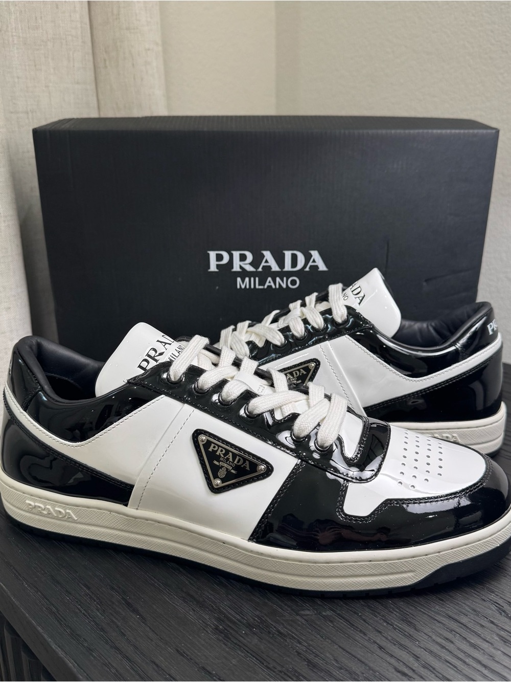 Prada Downtown Sneakers Low-Top Leather Black/White 10.5